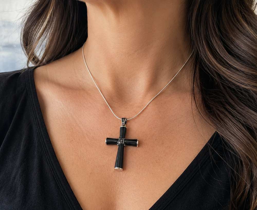 Sterling Silver Black Onyx Cross Necklace Gothic Catholic Christian Pendant 18"